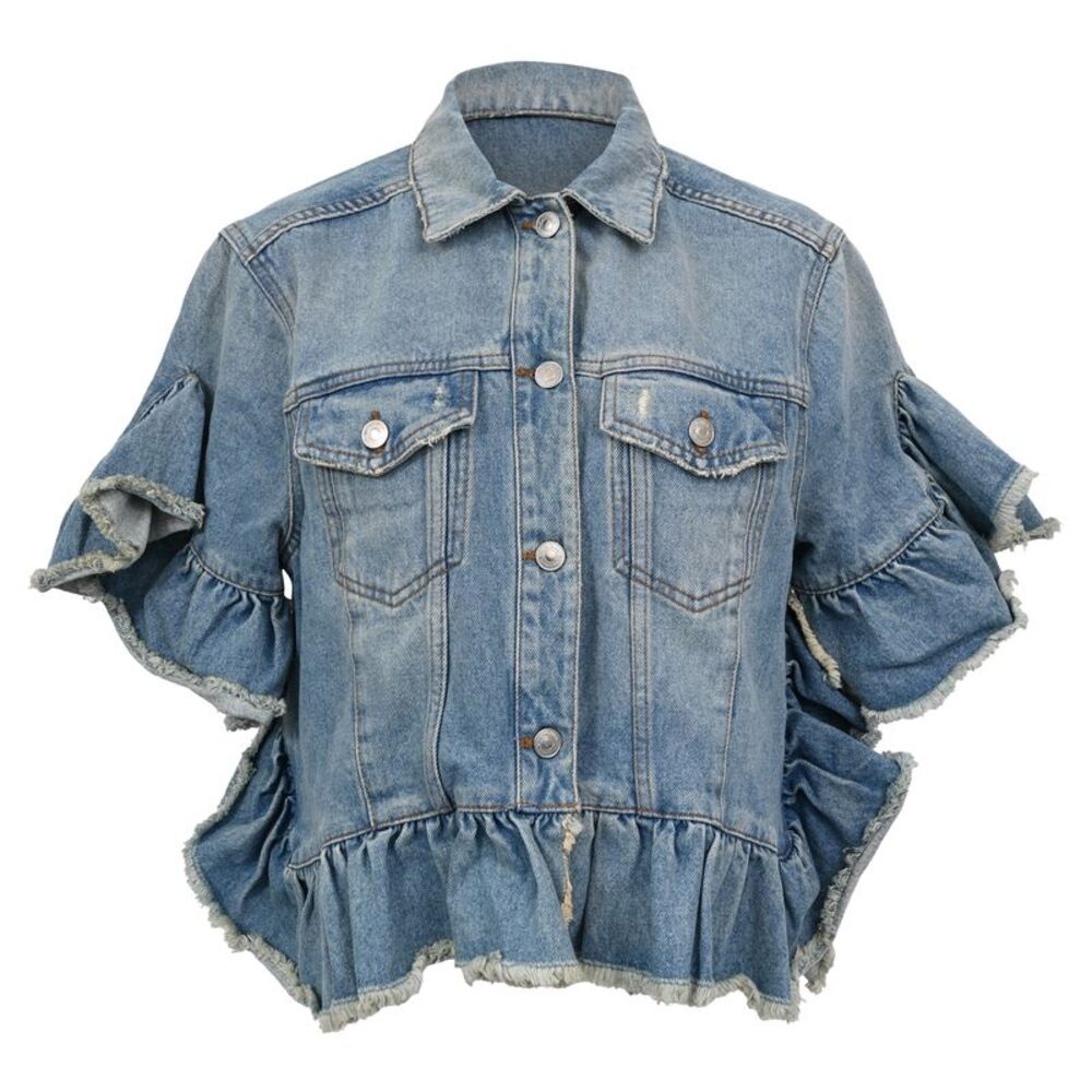 MSGM Distressed Ruffle Trimmed Denim Jacket in Blue Cotton